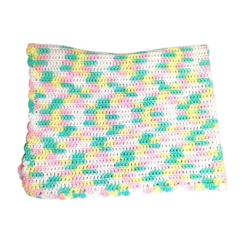 Hand-Crochet Pink, White, Yellow, Green, rectangle Baby Blanket Afghan 31